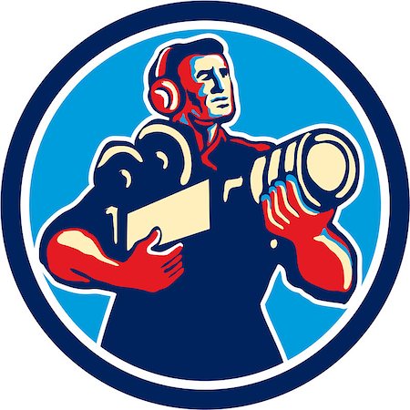 Illustration of a cameraman soundman movie director with headphones cradling holding vintage film movie camera set inside circle done in retro style. Stock Photo - Budget Royalty-Free & Subscription, Code: 400-07667447