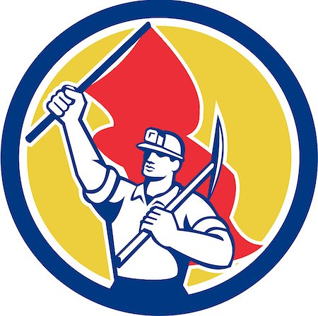 Illustration of a coal miner with hardhat holding pick axe on shoulder and flag set inside circle on isolated background done in retro style. Stockbilder - Microstock & Abonnement, Bildnummer: 400-07667448