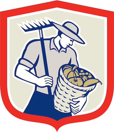 simsearch:400-07422645,k - Illustration of organic farmer with rake and basket of harvest crop of vegetables facing side set inside shield crest done in retro style. Photographie de stock - Aubaine LD & Abonnement, Code: 400-07667463