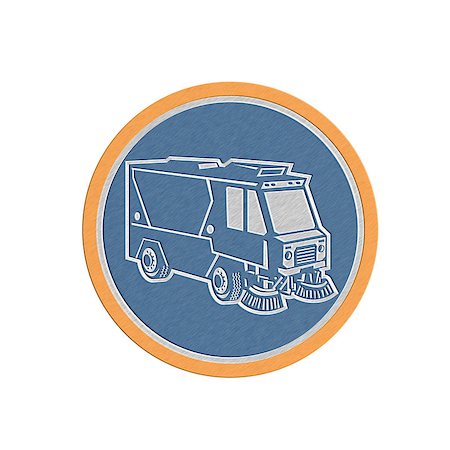 Metallic styled illustration of a street cleaner truck sweeping cleaning from front set inside circle on isolated background done in retro style. Foto de stock - Super Valor sin royalties y Suscripción, Código: 400-07667492