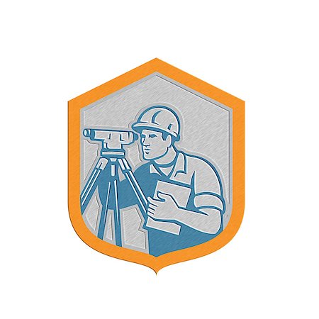 simsearch:400-07500332,k - Metallic styled illustration of a surveyor geodetic engineer with theodolite instrument surveying viewed from side set inside shield crest done in retro style on isolated white background. Stock Photo - Budget Royalty-Free & Subscription, Code: 400-07667493