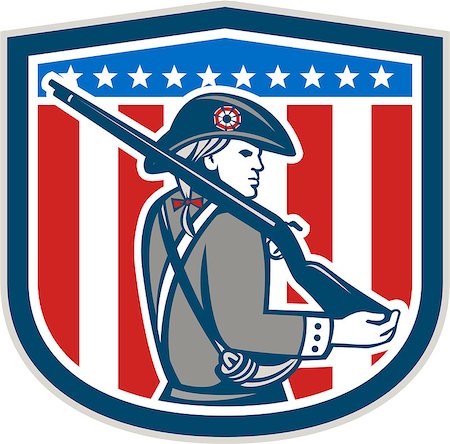 simsearch:400-07116843,k - Illustration of an American Patriot minuteman holding a musket rifle facing side set inside crest shield with stars on isolated background done in retro style. Foto de stock - Super Valor sin royalties y Suscripción, Código: 400-07667511