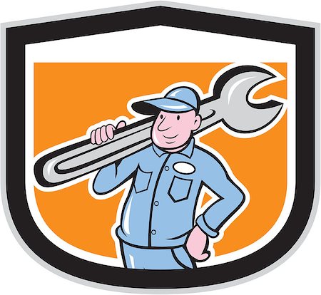 simsearch:400-07092514,k - Illustration of a plumber holding big monkey wrench on shoulder set inside shield crest done in cartoon style on isolated background. Foto de stock - Super Valor sin royalties y Suscripción, Código: 400-07667524