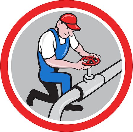 simsearch:400-06737646,k - Illustration of a plumber pipe worker turning on pipeline flow set inside circle done in cartoon style on isolated background. Foto de stock - Super Valor sin royalties y Suscripción, Código: 400-07667526