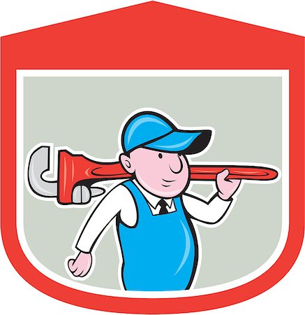 simsearch:400-08629190,k - Illustration of a plumber holding big monkey wrench over shoulder set inside shield crest done in cartoon style on isolated background. Stock Photo - Budget Royalty-Free & Subscription, Code: 400-07667523
