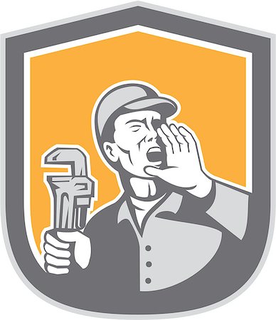 engrenagens - Illustration of a plumber shouting with hand on mouth holding adjustable monkey wrench set inside shield crest on isolated background done in retro style. Foto de stock - Royalty-Free Super Valor e Assinatura, Número: 400-07667530