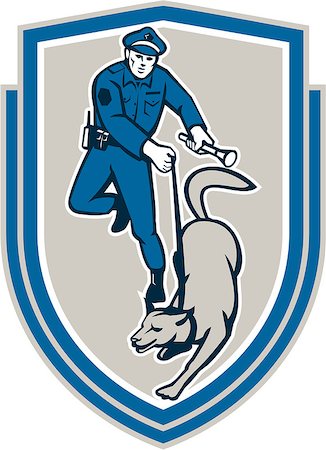Illustration of a policeman police officer holding torch flashlight with trained police guard dog canine viewed from front set inside shield crest on isolated background done in retro style. Foto de stock - Super Valor sin royalties y Suscripción, Código: 400-07667532