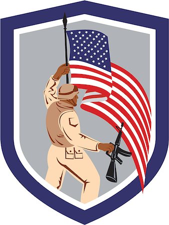 simsearch:400-07325294,k - Illustration of an American soldier serviceman holding american flag with assault rifle facing side set inside shield crest on isolated white background. Fotografie stock - Microstock e Abbonamento, Codice: 400-07667558