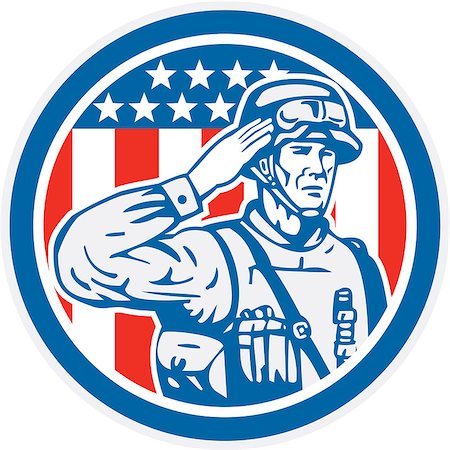 simsearch:400-07116843,k - Illustration of an American soldier serviceman saluting with stars and stripes on the background set inside circle done in retro style. Foto de stock - Super Valor sin royalties y Suscripción, Código: 400-07667560