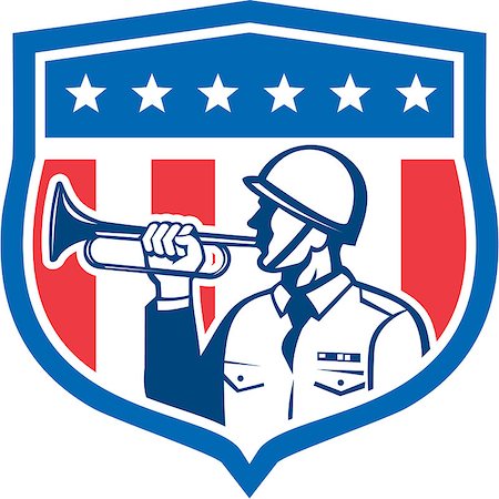 simsearch:400-08919969,k - Illustration of a soldier military police personnel  blowing a bugle set inside crest shield with stars stripes done in retro style. Foto de stock - Super Valor sin royalties y Suscripción, Código: 400-07667561