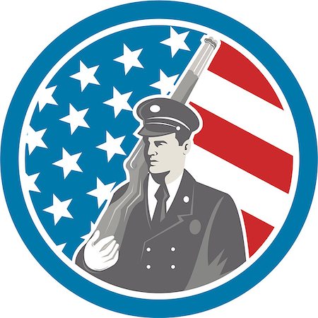 simsearch:400-07325294,k - Illustration of an American soldier serviceman holding rifle facing side set inside circle with stars and stripes in the background done in retro style. Fotografie stock - Microstock e Abbonamento, Codice: 400-07667562