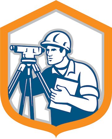 simsearch:400-07500332,k - Illustration of a surveyor geodetic engineer with theodolite instrument surveying viewed from side set inside shield crest done in retro style on isolated white background. Stock Photo - Budget Royalty-Free & Subscription, Code: 400-07667638