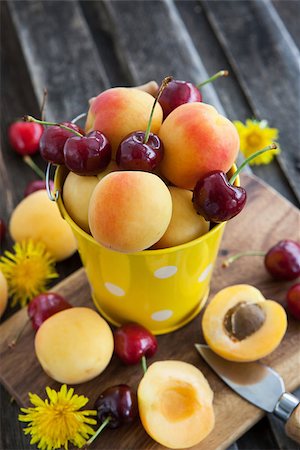 simsearch:400-08672192,k - Fresh apricot and cherry in a yellow bucket Photographie de stock - Aubaine LD & Abonnement, Code: 400-07668174