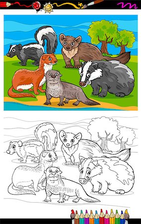 simsearch:400-09117318,k - Coloring Book or Page Cartoon Illustration of Black and White Funny Mustelids Mammals Animals Characters Group for Children Stock Photo - Budget Royalty-Free & Subscription, Code: 400-07668242