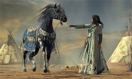 simsearch:400-04752077,k - White Cloud tries to calm her horse in an American Indian camp full of teepees. Stock Photo - Budget Royalty-Free & Subscription, Code: 400-07668277