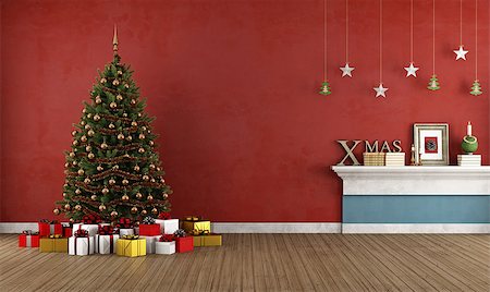 simsearch:400-08428633,k - Red room with christmas tree and decoration -rendering Foto de stock - Super Valor sin royalties y Suscripción, Código: 400-07668620