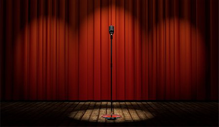 3d vintage microphone in spot light on stage with red curtain Stock Photo - Budget Royalty-Free & Subscription, Code: 400-07668953