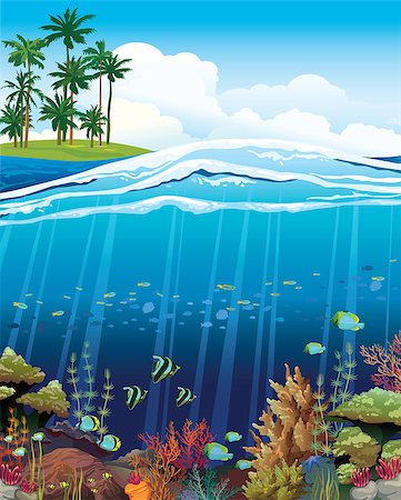 simsearch:400-09029281,k - Coral reef with underwater creatures and green island with palm on a blue sky. Stockbilder - Microstock & Abonnement, Bildnummer: 400-07669344