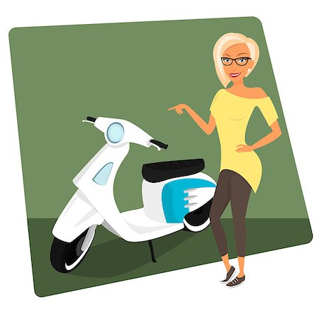 Blond woman wearing stylish haircut and glasses. She shows white scooter in retro style. Contains EPS10 and high-resolution JPEG Stock Photo - Budget Royalty-Free & Subscription, Code: 400-07669506