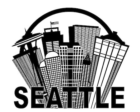 simsearch:400-07104696,k - Seattle Washington Abstract Downtown City Skyline in Circle Black Isolated on White Background Illustration Foto de stock - Super Valor sin royalties y Suscripción, Código: 400-07669630