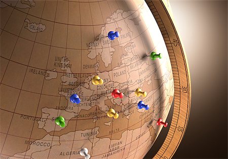 Antique globe with nails marking the travel route. Stock Photo - Budget Royalty-Free & Subscription, Code: 400-07669803