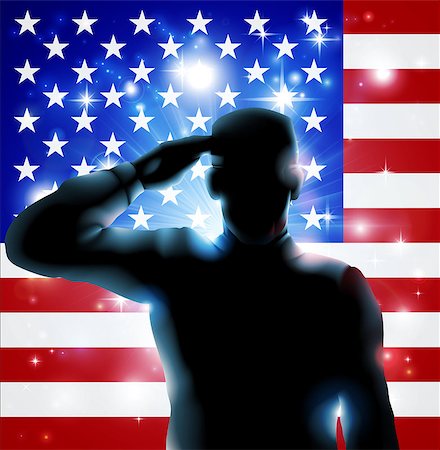 remembrance day - Patriotic soldier or veteran saluting in front of an American flag Fourth July, Verterans Day or Independence Day illustration Fotografie stock - Microstock e Abbonamento, Codice: 400-07669976