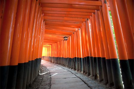 stockarch (artist) - Tunnel of red torii gates at the Fushimi Inari-taisha shrine which line the walkways up the hillside and which were given and inscribed as votive offerings by the worshippers at the temple Foto de stock - Royalty-Free Super Valor e Assinatura, Número: 400-07660088