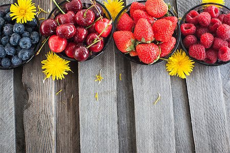simsearch:400-08672192,k - Fresh cherry, strawberry, blueberry and raspberry on wooden table, copy space Photographie de stock - Aubaine LD & Abonnement, Code: 400-07660395