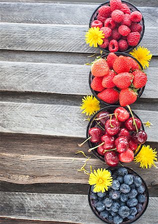 simsearch:400-08251879,k - Fresh cherry, strawberry, blueberry and raspberry on wooden table, copy space Stock Photo - Budget Royalty-Free & Subscription, Code: 400-07660396