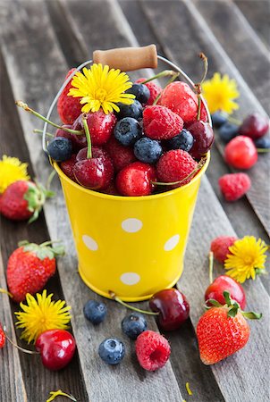 simsearch:400-08251879,k - Fresh cherry, strawberry, blueberry and raspberry in a bucket on wooden table Stock Photo - Budget Royalty-Free & Subscription, Code: 400-07660397