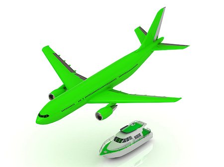Green turbo passenger airliner gains altitude and Green motorized pleasure turbo boat. Top frontal isolated on white Stock Photo - Budget Royalty-Free & Subscription, Code: 400-07660418