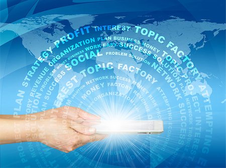 Woman hands hold tablet pc. Business words against world map Stock Photo - Budget Royalty-Free & Subscription, Code: 400-07660752