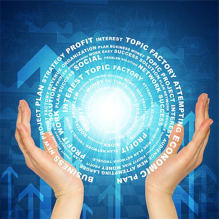 Woman hands hold glow circle consists business words against graphs and arrows Stock Photo - Budget Royalty-Free & Subscription, Code: 400-07660778
