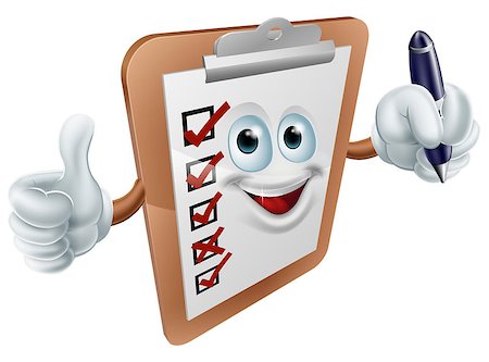 A cartoon clipboard mascot holding a  pen and doing a thumbs up Stock Photo - Budget Royalty-Free & Subscription, Code: 400-07661564
