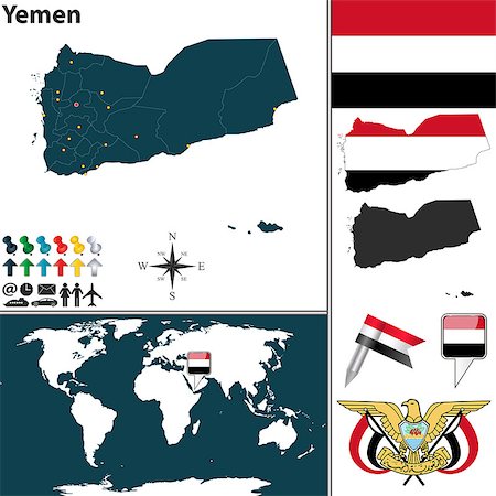 simsearch:400-07796898,k - Vector map of Yemen with regions, coat of arms and location on world map Stock Photo - Budget Royalty-Free & Subscription, Code: 400-07661904