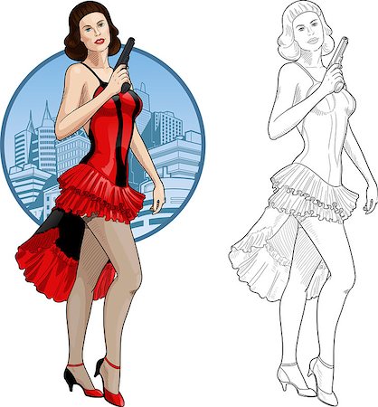 Vector illustration in action comics style caucasian woman poses dressed in red and black retro dress with a gun Stock Photo - Budget Royalty-Free & Subscription, Code: 400-07662229
