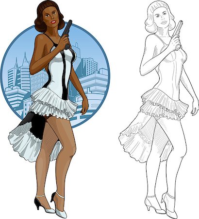 Vector illustration in action comics style afroamerican woman poses dressed in white and black retro dress with a gun Stock Photo - Budget Royalty-Free & Subscription, Code: 400-07662230