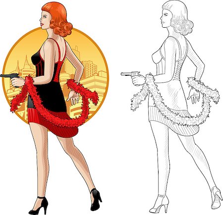 Vector illustration in action comics style woman poses dressed in black and red retro dress with a gun Stock Photo - Budget Royalty-Free & Subscription, Code: 400-07662232