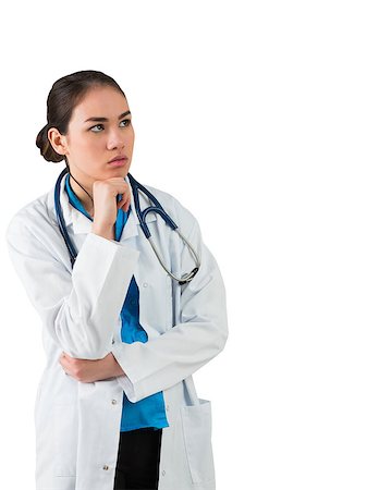 simsearch:400-06104816,k - Serious doctor in lab coat thinking with hand on chin on white background Stock Photo - Budget Royalty-Free & Subscription, Code: 400-07663445