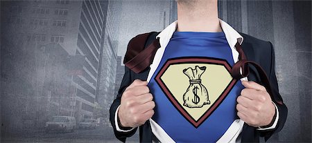 simsearch:400-07664375,k - Businessman opening shirt in superhero style against urban projection on wall Foto de stock - Royalty-Free Super Valor e Assinatura, Número: 400-07663902