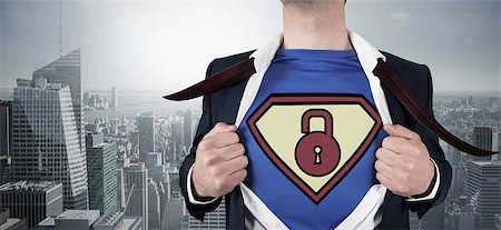 Composite image of businessman opening shirt in superhero style against cityscape Stock Photo - Budget Royalty-Free & Subscription, Code: 400-07663918