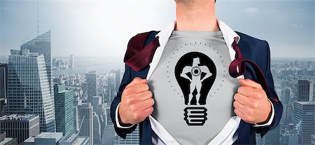 simsearch:400-07664375,k - Composite image of businessman opening shirt in superhero style against cityscape Foto de stock - Royalty-Free Super Valor e Assinatura, Número: 400-07663938