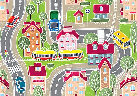 Seamless vector background pattern with streets, tram rails, roads, houses and trees Stock Photo - Budget Royalty-Free & Subscription, Code: 400-07674861