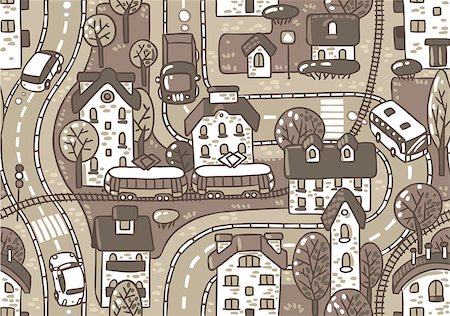Seamless vector background pattern with streets, tram rails, roads, houses and trees Stock Photo - Budget Royalty-Free & Subscription, Code: 400-07674862