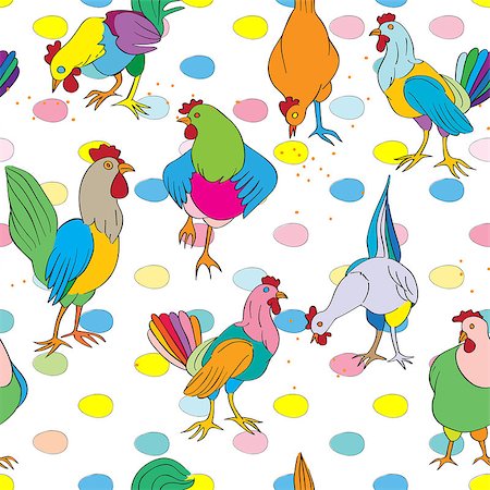 simsearch:400-06692271,k - Hens and roosters seamless pattern, hand drawn illustration of colored farm birds on a background with eggs Stock Photo - Budget Royalty-Free & Subscription, Code: 400-07674993