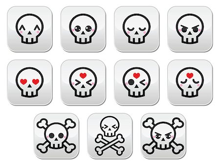Cute kawaii characters - skulls with different expressions isolated on white Stock Photo - Budget Royalty-Free & Subscription, Code: 400-07675242