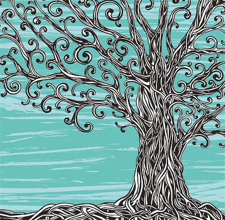 Old graphic tree with twisted roots on a blue background. Stock Photo - Budget Royalty-Free & Subscription, Code: 400-07675489