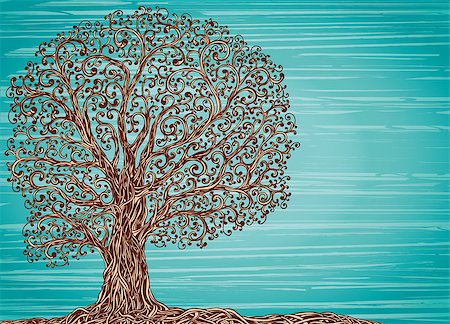 Old graphic tree with twisted roots and branches on a blue background. Stock Photo - Budget Royalty-Free & Subscription, Code: 400-07675490