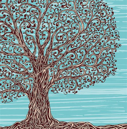 Old graphic tree with twisted roots and branches on a blue background. Stock Photo - Budget Royalty-Free & Subscription, Code: 400-07675491