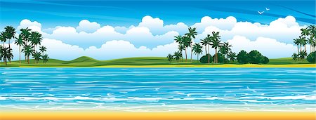 simsearch:689-03125806,k - Tropical landscape with coconut palms and blue sea with waves on a cloudy sky background. Stock Photo - Budget Royalty-Free & Subscription, Code: 400-07675505